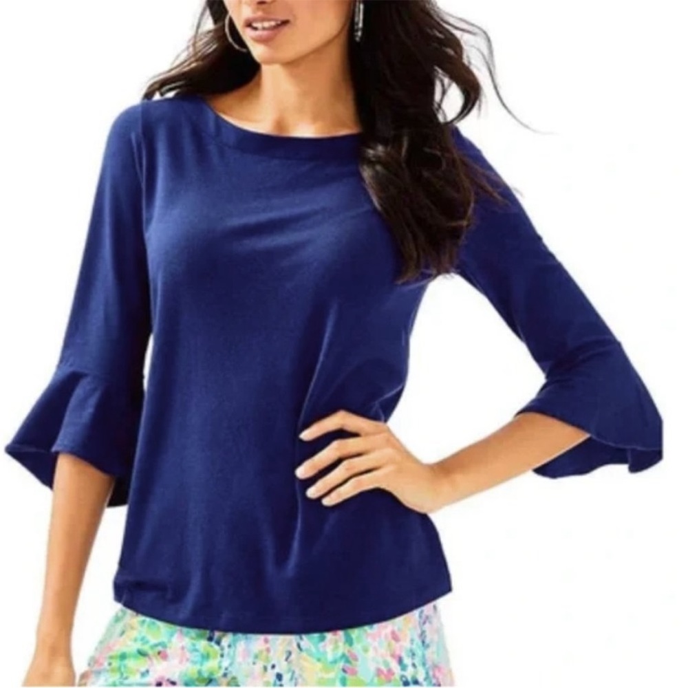 Lilly Pulitzer Fontaine Boatneck Bell-Sleeve Top Navy Blue Size XXS